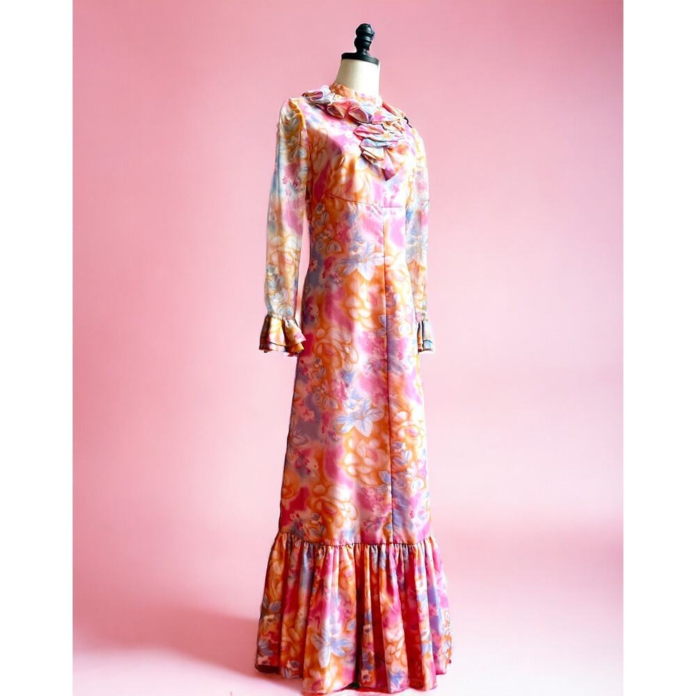 Vintage 70s Pink Watercolor Floral Maxi Dress | Ruffle Chiffon Romantic Gown | M